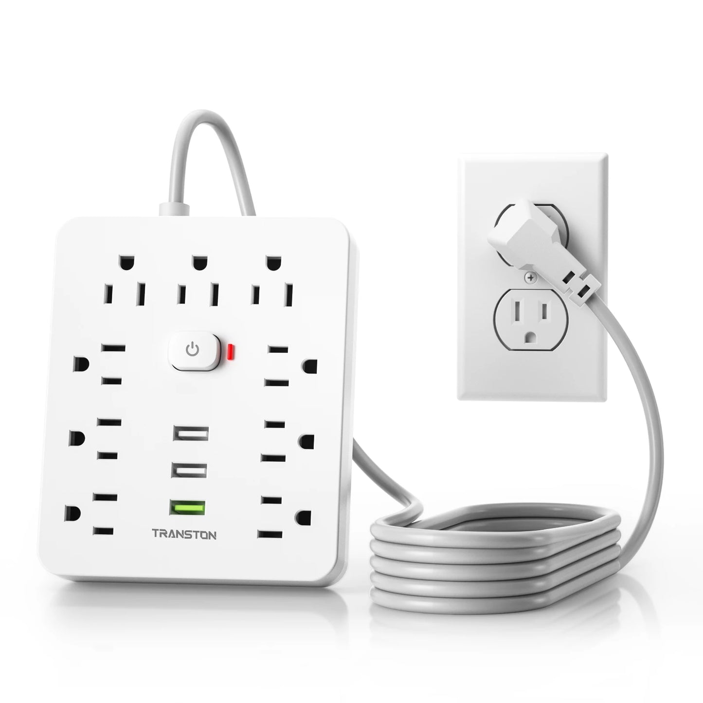 White surge protector power strip with USB ports and multiple outlets plugged into wall socket