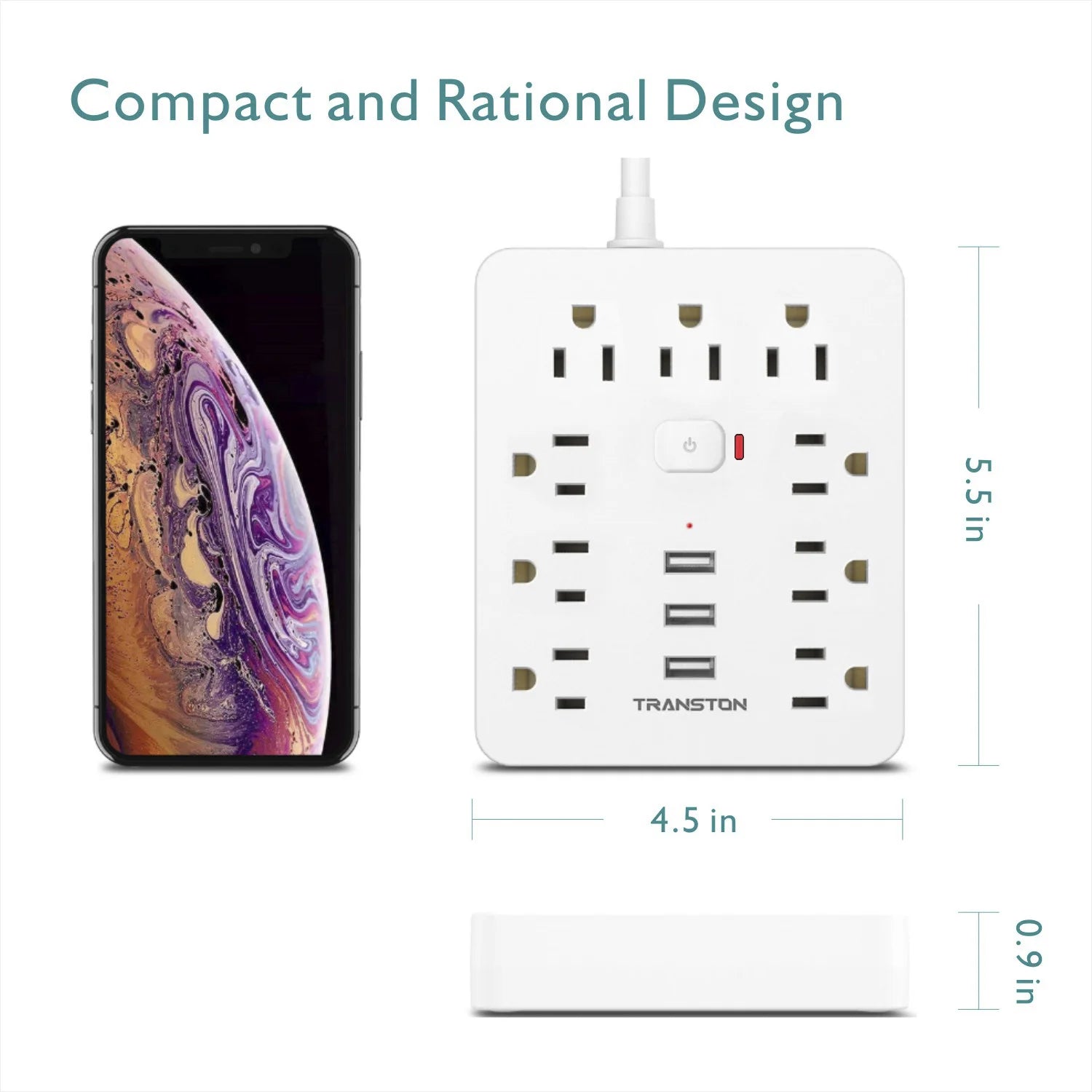 Compact white surge protector power strip with USB ports and multiple outlets next to smartphone for size comparison