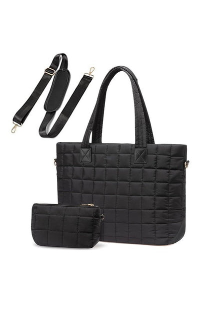 Shophouse Northwest black quilted travel tote bag with removable shoulder strap and matching zip pouch