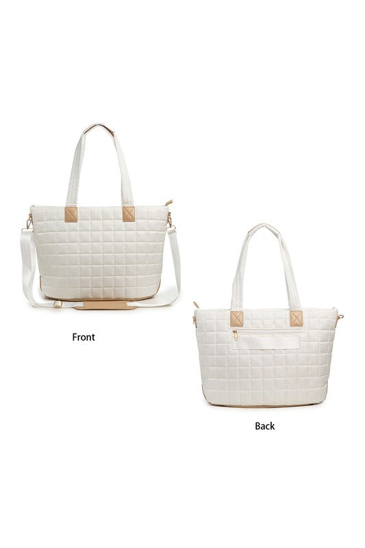 Shophouse Northwest white quilted travel tote bag front and back views with removable shoulder strap