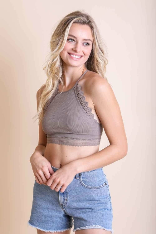 Trimmed halter crop top bralette in taupe with lace detailing, perfect for layering or summer outfits