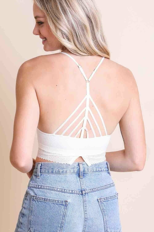 Trimmed halter crop top bralette in white with stylish back design for trendy summer outfits