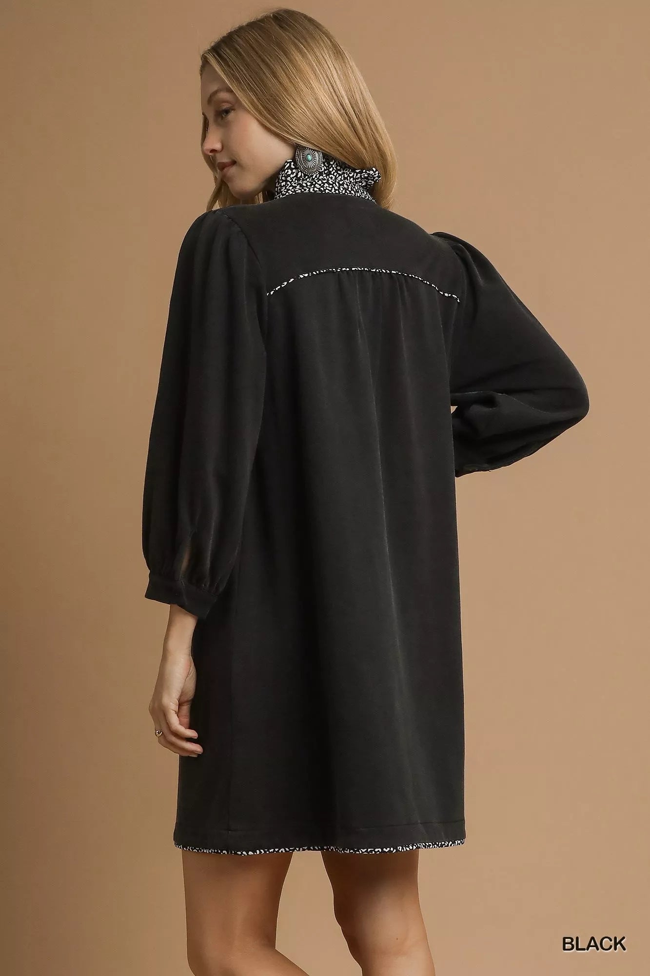 Umgee French Terry shift dress in black with stylish puff sleeves and a chic collar design