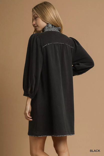 Umgee French Terry shift dress in black with stylish puff sleeves and a chic collar design