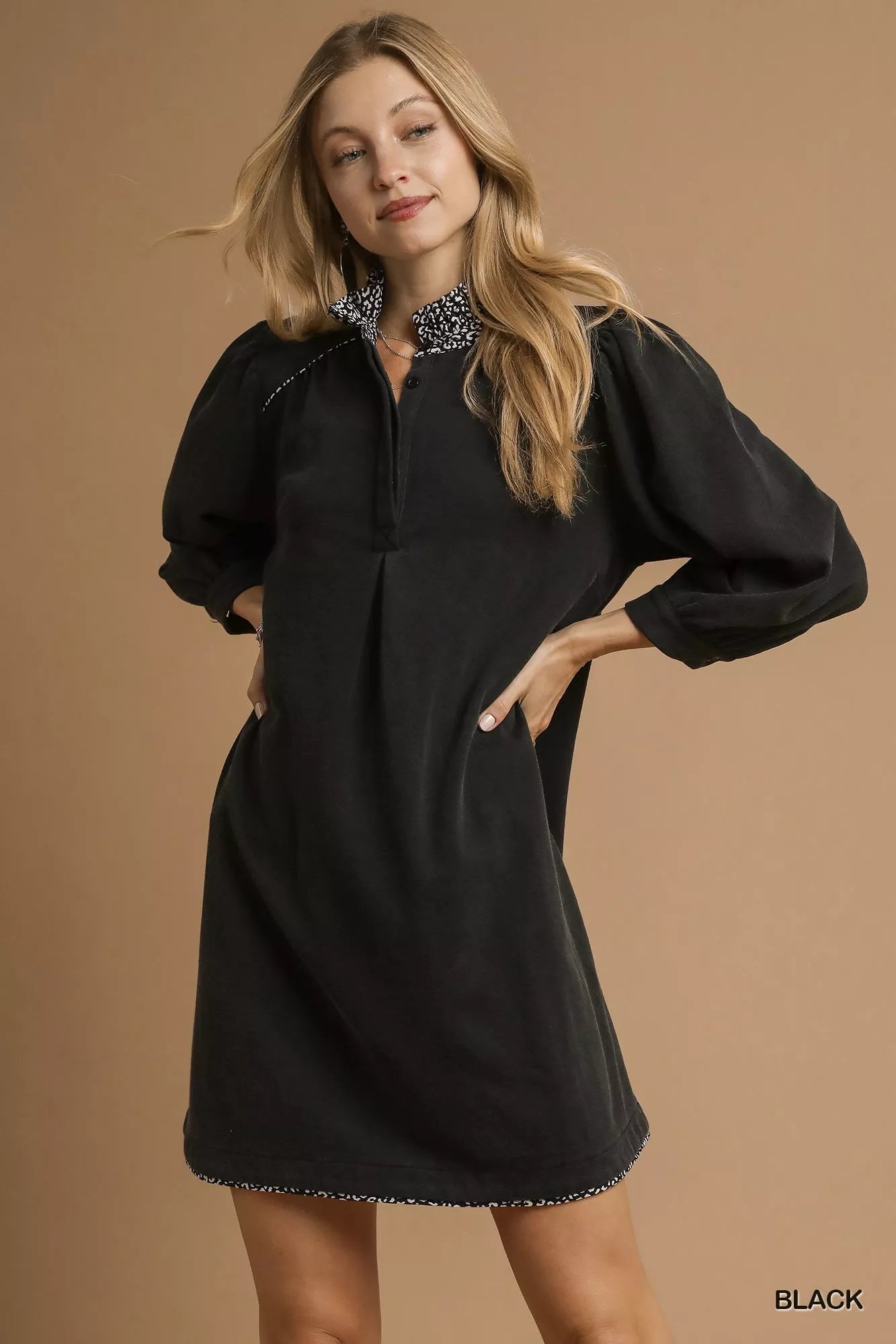 Umgee French Terry shift dress in black with puff sleeves and a stylish neckline