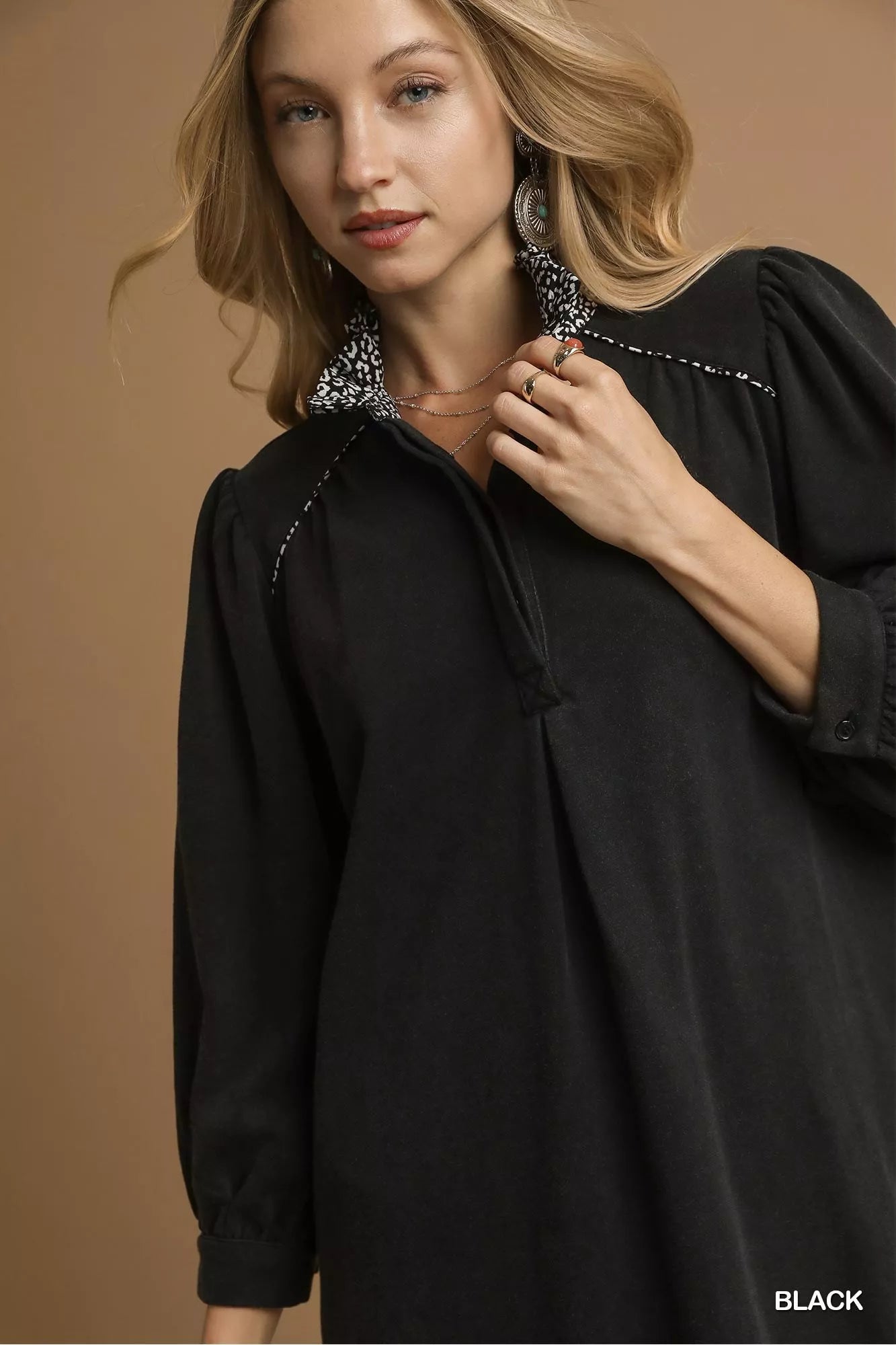 Umgee French Terry shift dress in black with decorative collar and relaxed fit for casual wear