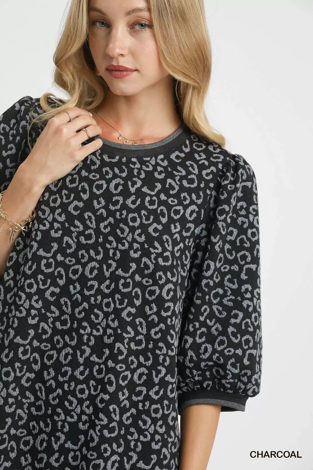 Umgee leopard print mini dress in charcoal with puff sleeves and stylish design for trendy outfits