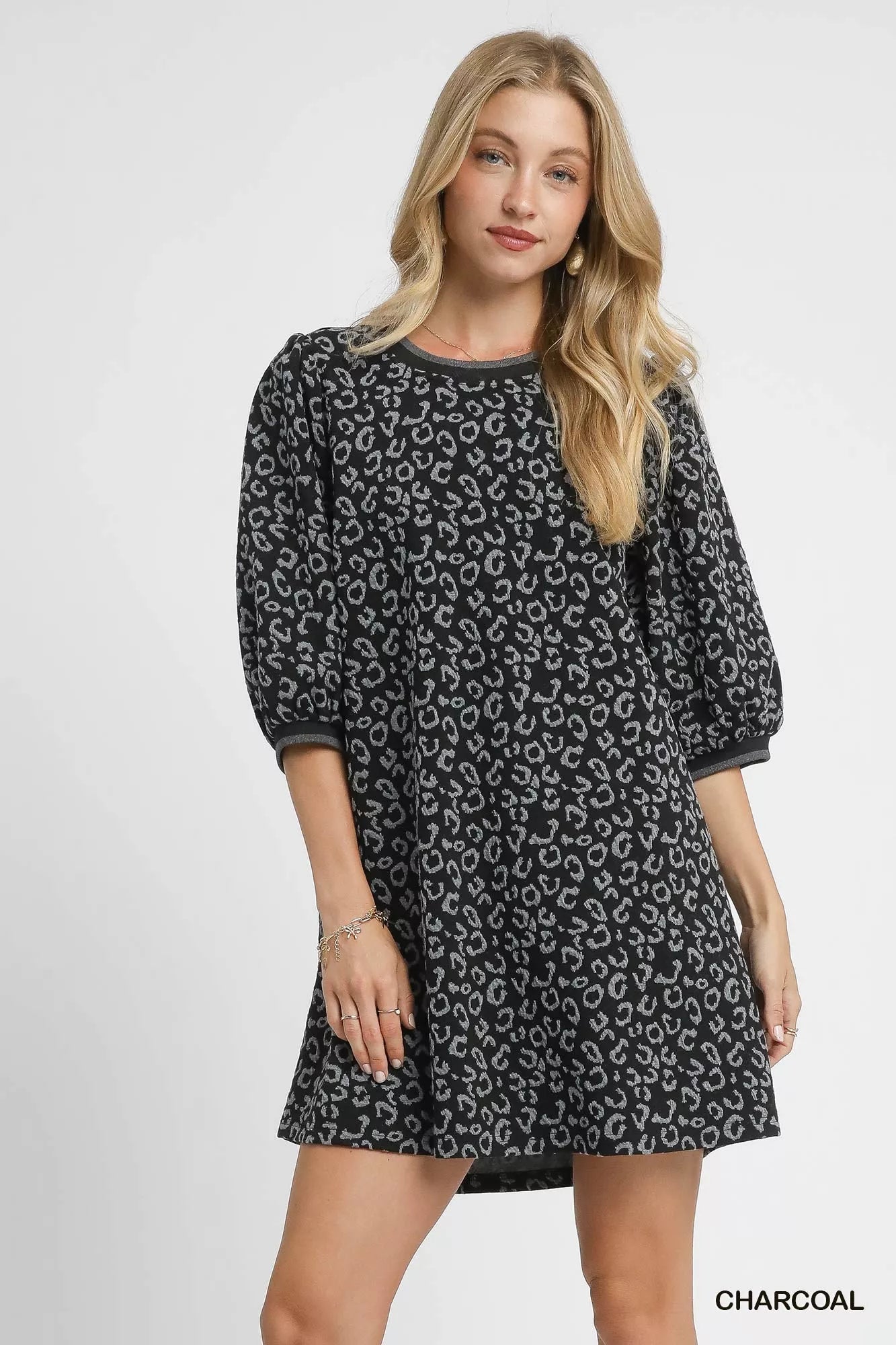 Umgee leopard print mini dress in charcoal with puff sleeves and a stylish fit for casual wear