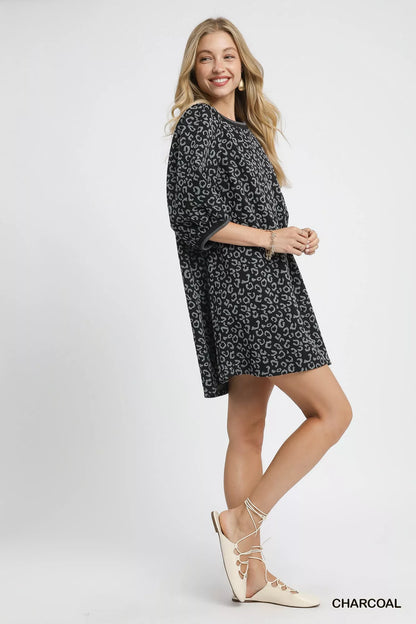 Umgee leopard print mini dress in charcoal with puff sleeves for a trendy look