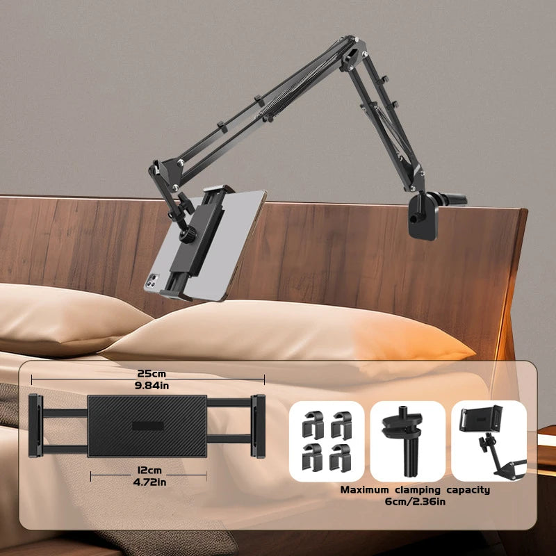 Shophouse Northwest adjustable tablet holder for bed with articulating arm clamp mounted to headboard holding tablet