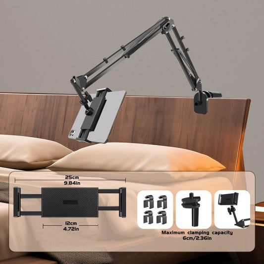 Shophouse Northwest adjustable tablet holder for bed with articulating arm clamp mounted to headboard holding tablet