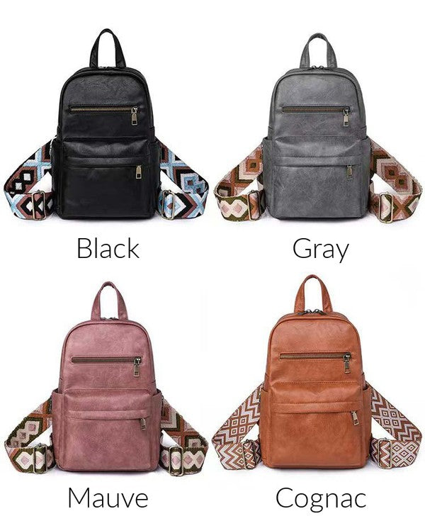 Alba backpack sling convertible bag in black gray mauve and cognac with patterned wide strap and front zip pockets