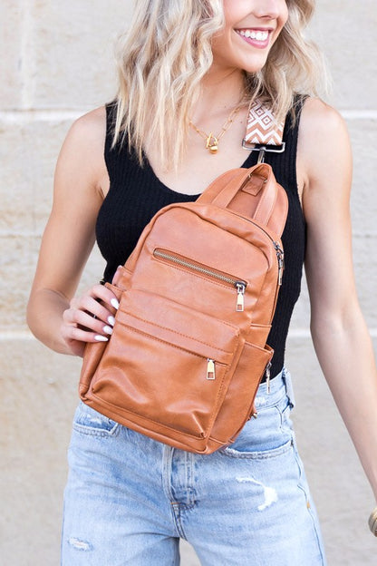Shophouse Northwest Alba backpack sling convertible bag tan leather worn crossbody with patterned strap