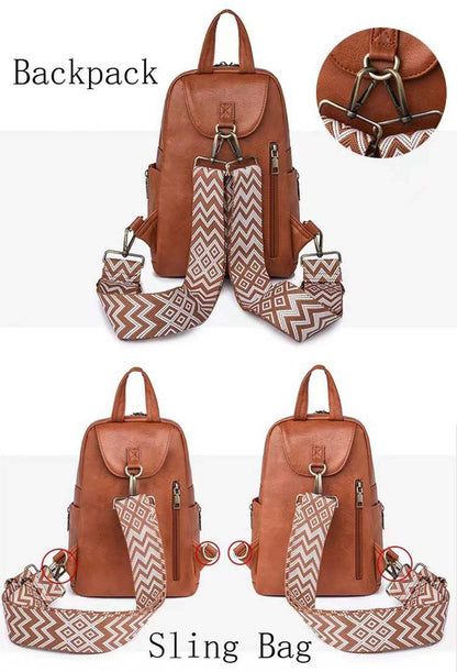 Shophouse Northwest Alba backpack sling convertible bag brown faux leather with chevron strap