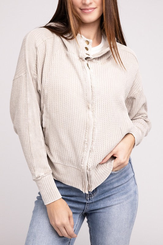 Shophouse Northwest acid wash waffle zip up jacket in light beige waffle knit with button collar full zip and ribbed cuffs