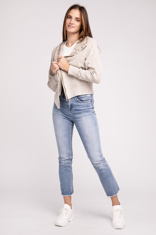 Shophouse Northwest acid wash waffle zip up jacket beige cropped hooded knit on model with jeans and white sneakers