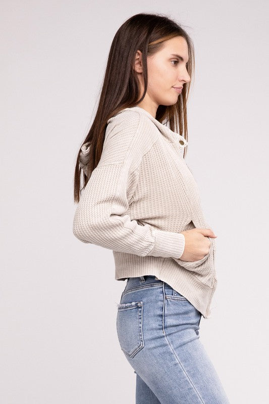 Shophouse Northwest acid wash waffle zip up jacket beige hooded knit with pockets worn by model in light jeans side view