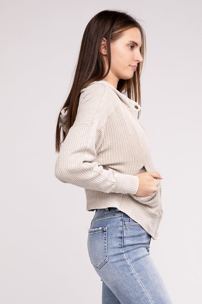 Shophouse Northwest acid wash waffle zip up jacket beige hooded knit with pockets worn by model in light jeans side view