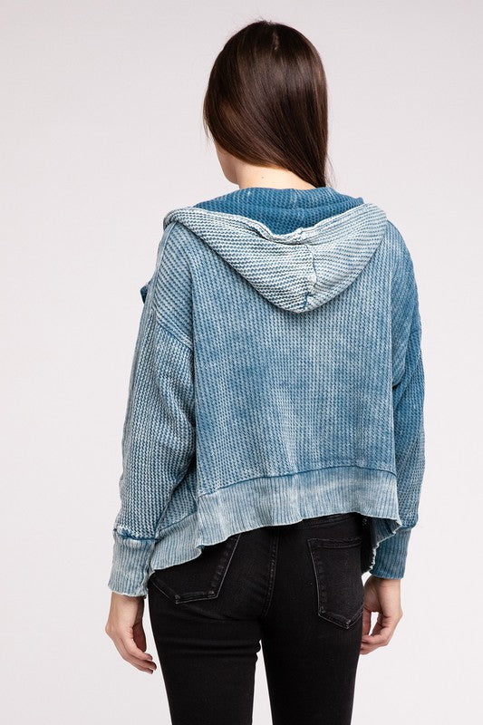 Shophouse Northwest acid wash waffle zip up jacket back view hooded blue textured cropped hem