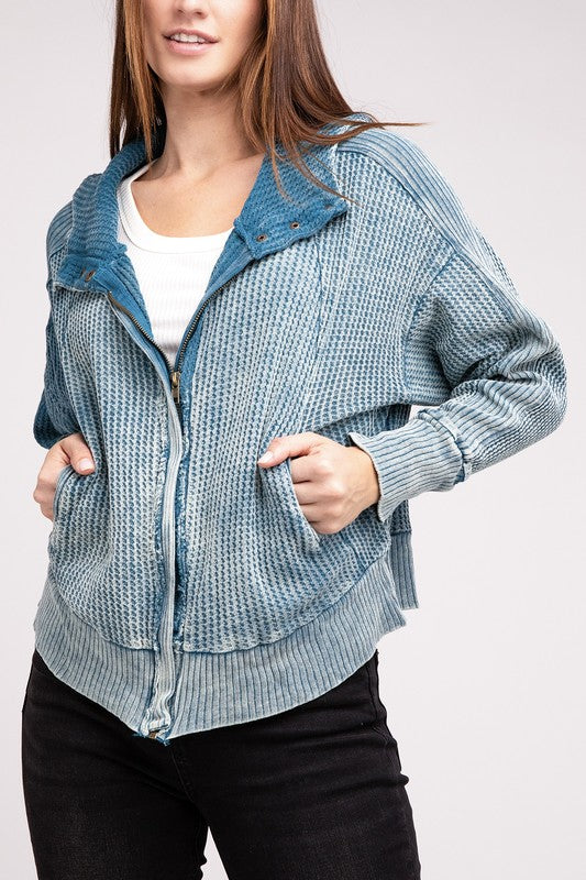 Shophouse Northwest acid wash waffle zip up jacket light blue waffle knit zip front with pockets