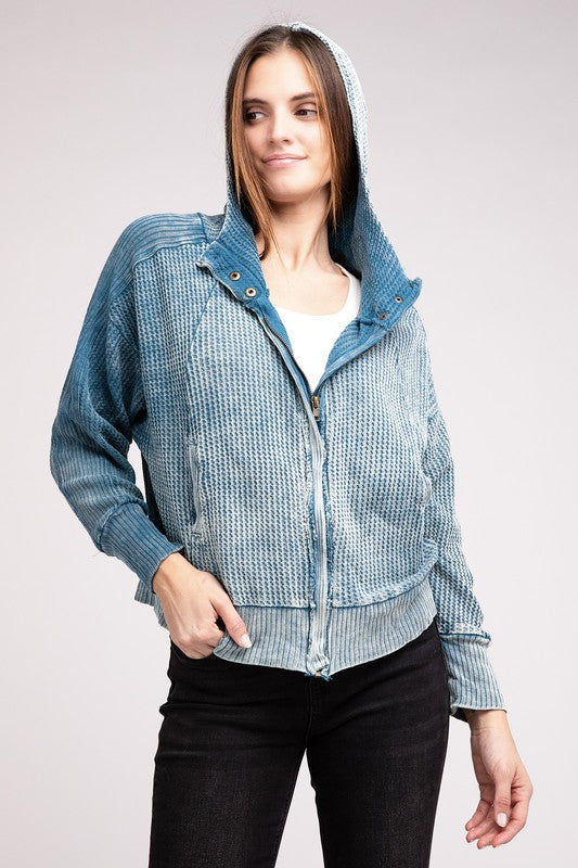 Shophouse Northwest acid wash waffle zip up jacket hooded blue textured waffle knit zip front relaxed fit