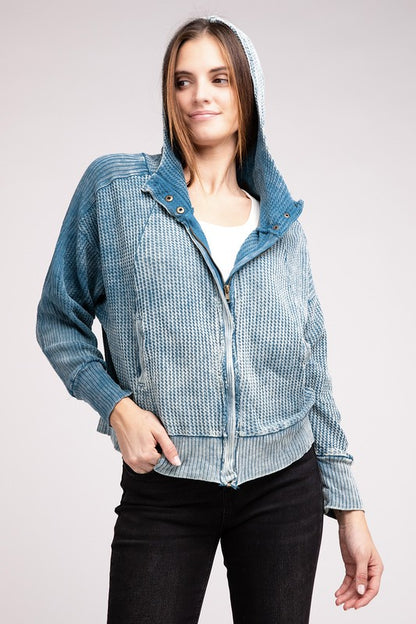 Shophouse Northwest acid wash waffle zip up jacket hooded blue textured waffle knit zip front relaxed fit