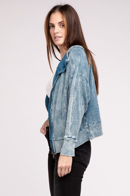 Shophouse Northwest acid wash waffle zip up jacket on model side view relaxed fit blue waffle texture