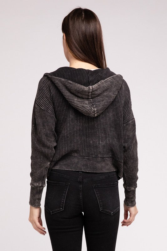 Shophouse Northwest acid wash waffle zip up jacket hooded waffle knit back view cropped gray