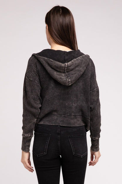 Shophouse Northwest acid wash waffle zip up jacket hooded waffle knit back view cropped gray