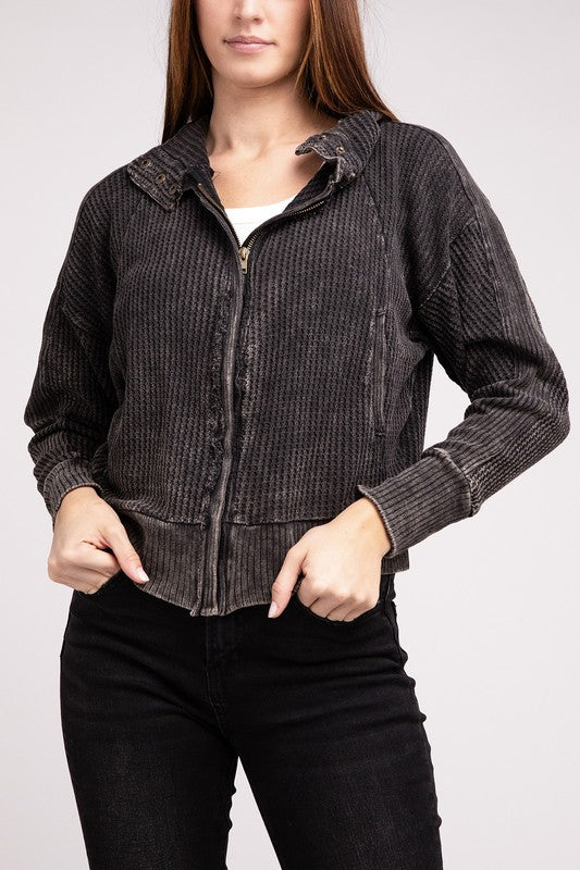 Shophouse Northwest acid wash waffle zip up jacket womens faded black ribbed zip front casual bomber style