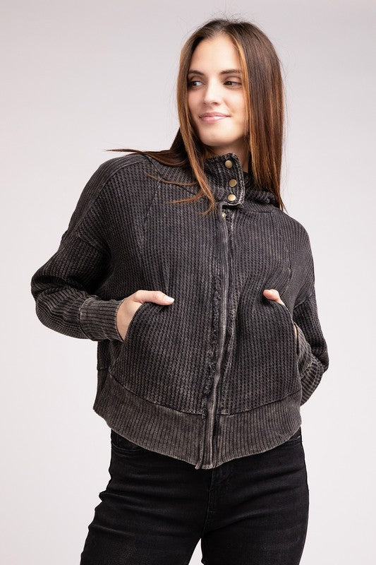 Shophouse Northwest acid wash waffle zip up jacket on model with high collar and front pockets