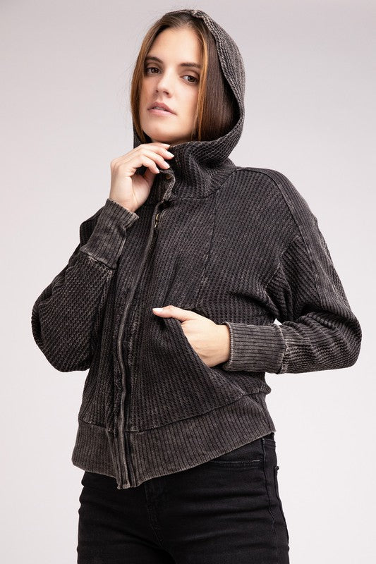 Shophouse Northwest acid wash waffle zip up jacket in charcoal hooded waffle knit with front pockets