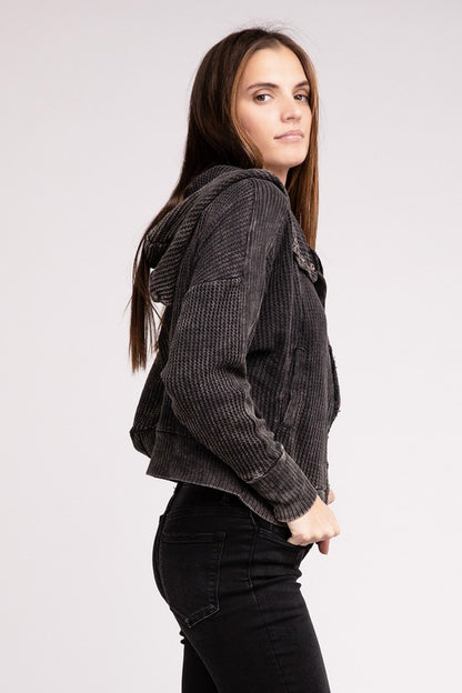 Shophouse Northwest acid wash waffle zip up jacket on model hooded charcoal waffle knit cropped fit