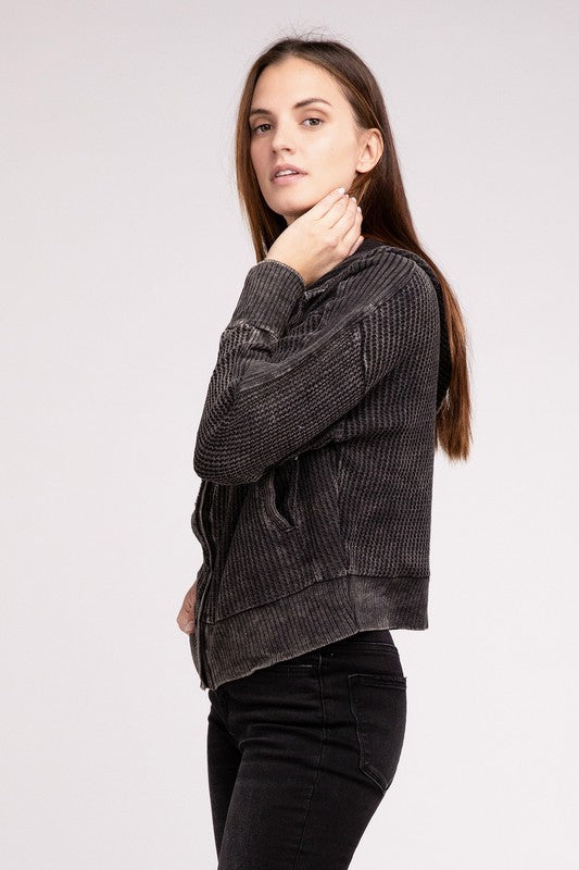 Shophouse Northwest acid wash waffle zip up jacket on model side view charcoal textured hooded zip jacket