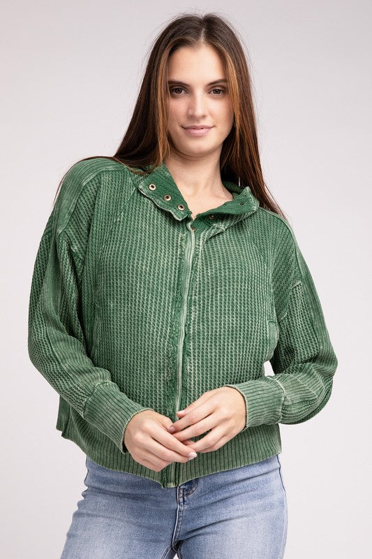 Green acid wash waffle zip up jacket from Shophouse Northwest on model with hood cropped fit