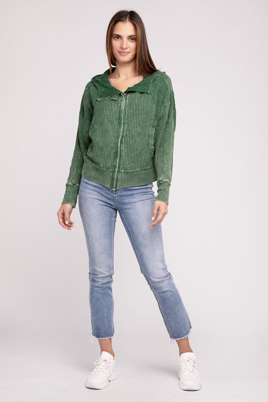 Shophouse Northwest acid wash waffle zip up jacket in green on model with hood light denim jeans
