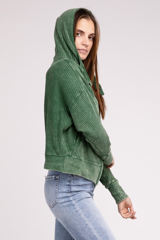 Shophouse Northwest acid wash waffle zip up jacket in green with hood relaxed fit and ribbed cuffs