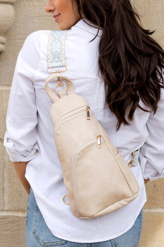 Shophouse Northwest cream leather everyday sling bag for women with embroidered strap worn crossbody