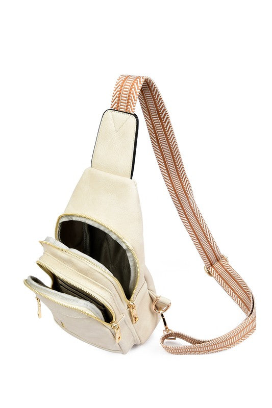 Genevive leather sling crossbody bag beige soft leather with chevron strap gold zippers and multiple compartments