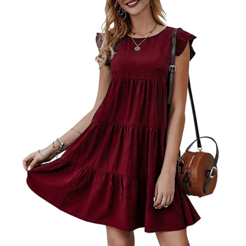 Flowy trendy dress with cap sleeves in burgundy, perfect for casual outings and summer events
