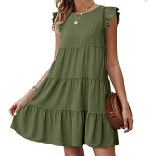 Flowy trendy dress with cap sleeves in olive green, perfect for casual outings and summer days