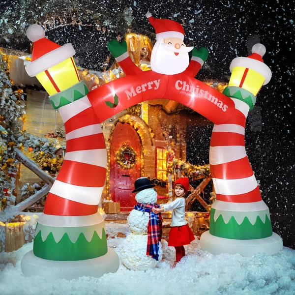 Lighted Christmas inflatable archway with Santa, cheerful snowman, and festive colors for holiday decor