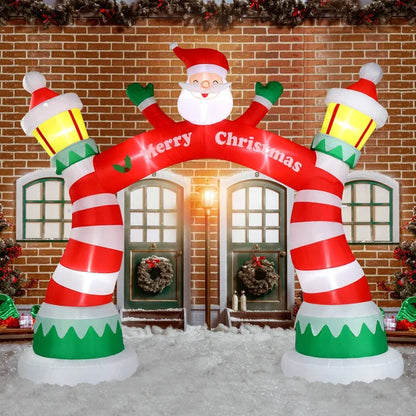 Festive lighted Christmas inflatable archway with Santa and cheerful decorations for holiday displays