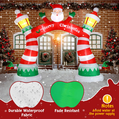 Lighted Christmas inflatable archway with Santa and festive colors for holiday decorations