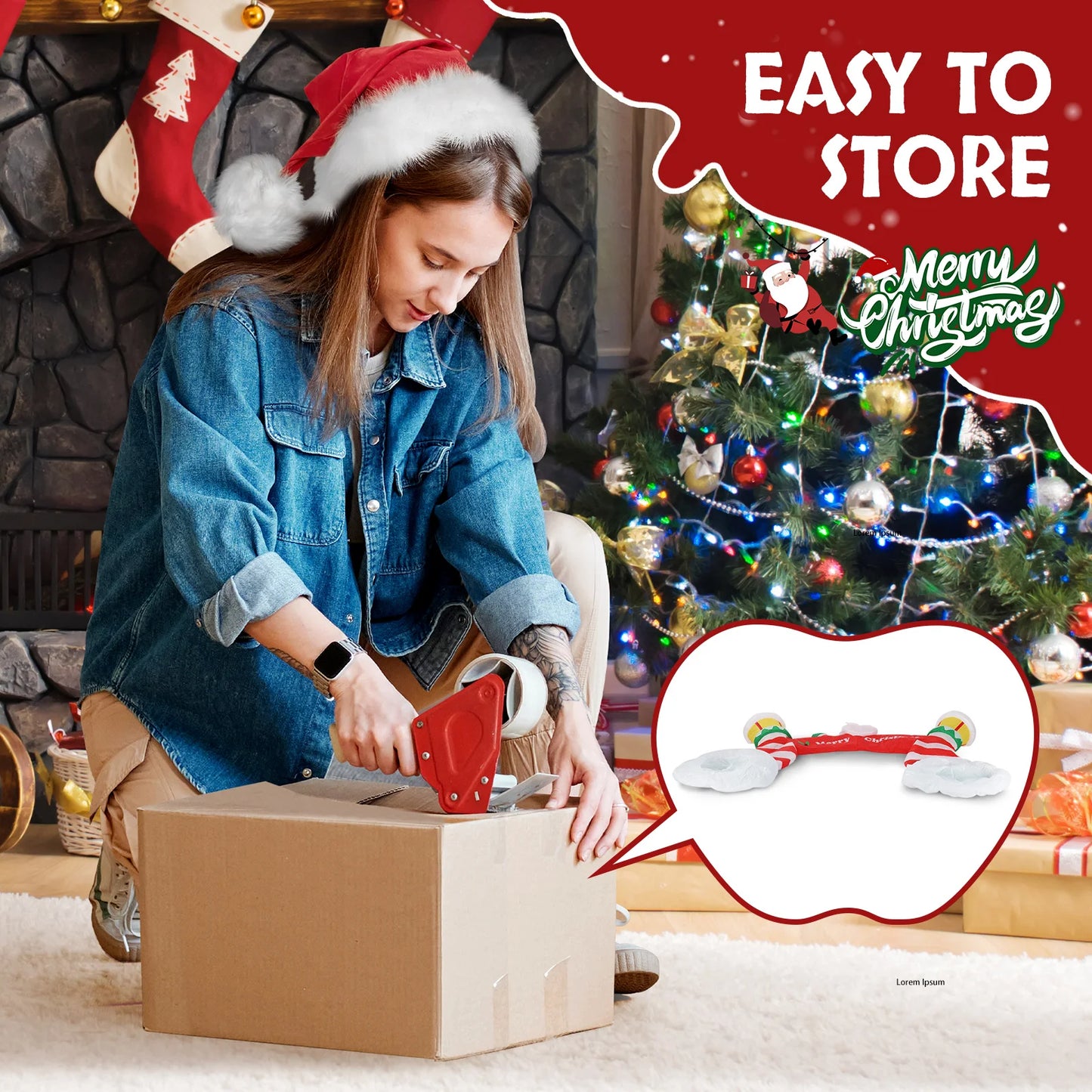 Lighted Christmas inflatable archway being packed for storage during the holiday season