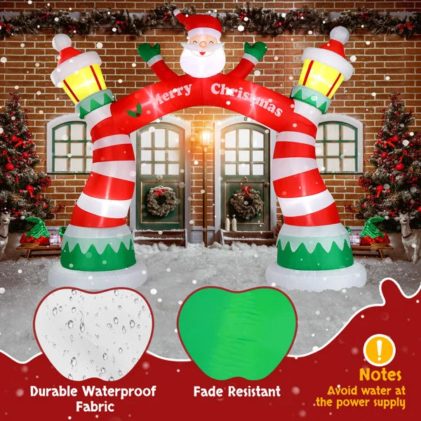 Lighted Christmas inflatable archway featuring Santa, festive colors, and durable waterproof fabric