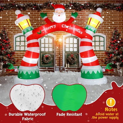 Lighted Christmas inflatable archway featuring Santa, festive colors, and durable waterproof fabric