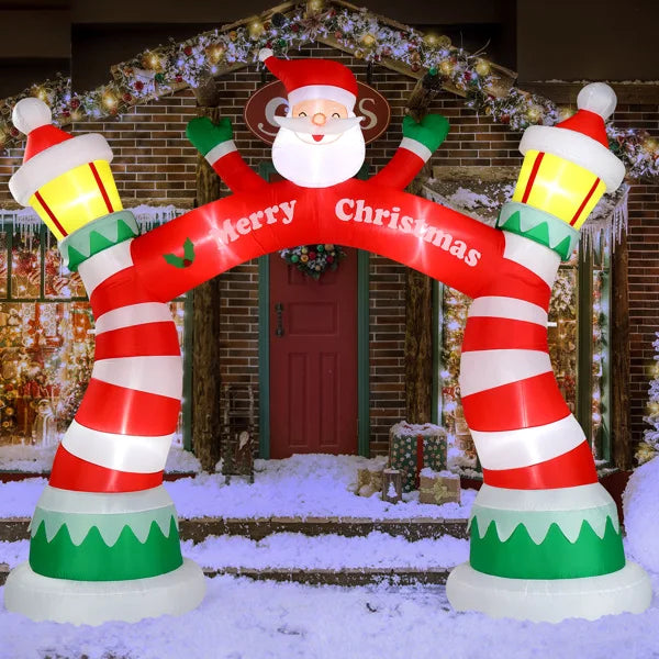 Lighted Christmas inflatable archway featuring Santa and festive decorations for holiday cheer