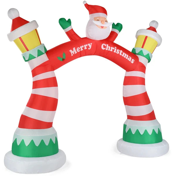 Lighted Christmas inflatable archway featuring Santa Claus and festive decorations
