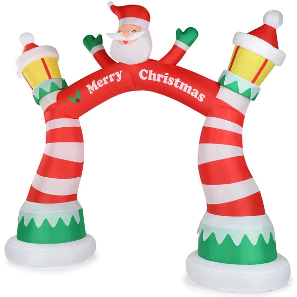 Lighted Christmas inflatable archway with Santa and festive decorations for holiday cheer